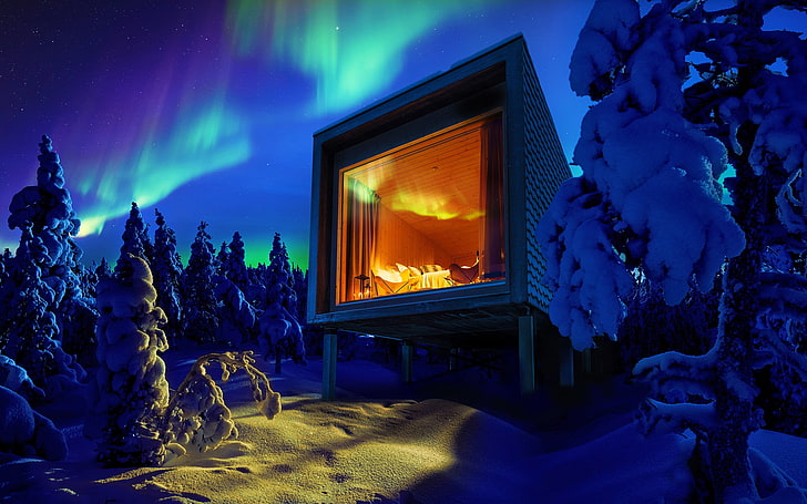 modern, architecture, nature, landscape, winter, snow, night, HD wallpaper