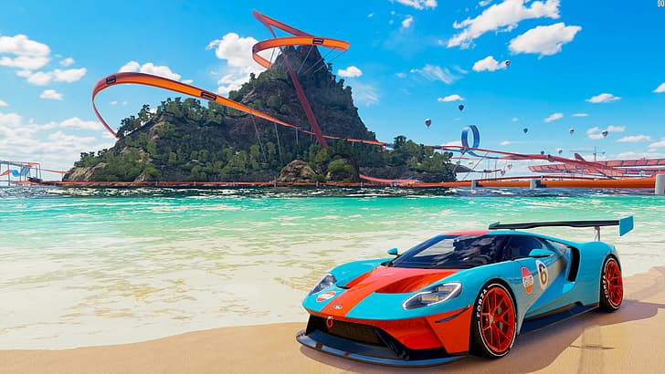 screen shot, Forza Horizon 3, Ford GT, racing, Hot Wheels, beach