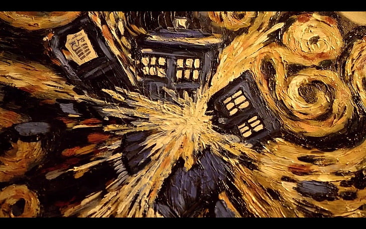 brown and black abstract painting, Doctor Who, TARDIS, Vincent van Gogh, HD wallpaper