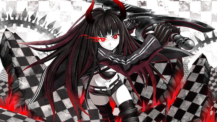 Black Rock Shooter Anime HD, black haired devil female anime character, HD wallpaper
