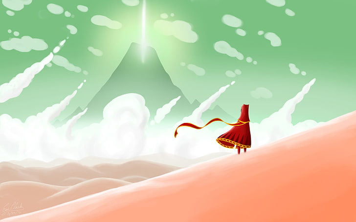person wearing red cape near desert illustration, fantasy art, HD wallpaper