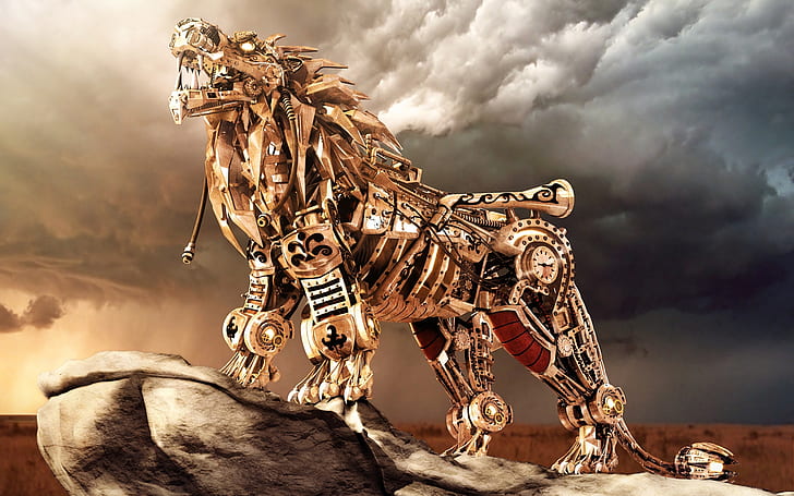the king lion 2011 bonus cool funny magic nice sky HD, silver robot lion illustration