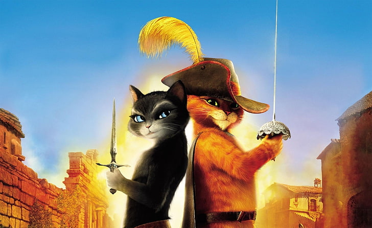 two black and brown cats holding sword movie wallpaper, hat, Salma Hayek, HD wallpaper