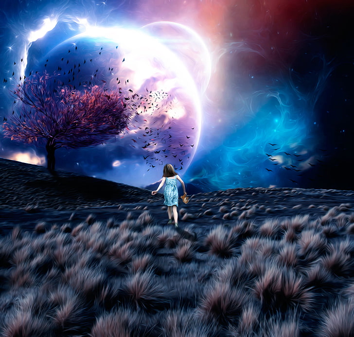 woman wearing blue dress walks towards trees under moon painting, HD wallpaper