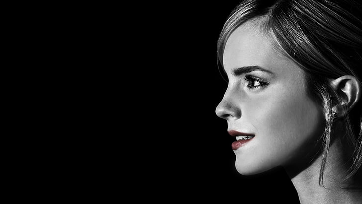 Emma Watson, women, looking away, red lipstick, side view, face