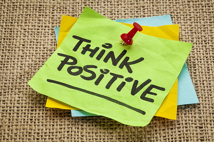 think positive paper, quote, yellow, note, text, adhesive note, HD wallpaper