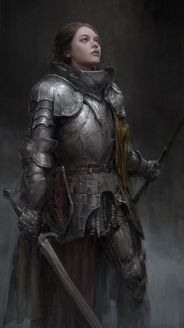 gray knight armor, artwork, women, weapon, adult, people, fantasy, HD wallpaper