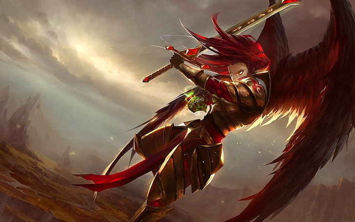 red haired female illustration, Kayle, League of Legends, redhead