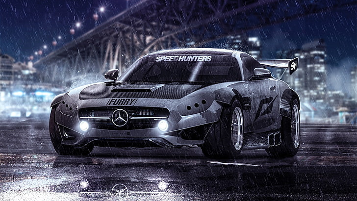 black Mercedes-Benz sports car illustration, Mercedes SLS, Speedhunters