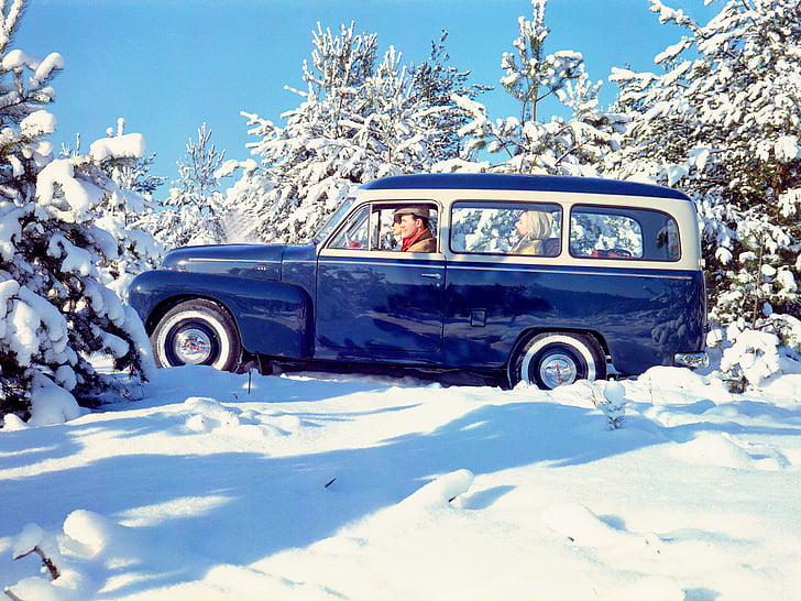 1958, duett, pv445, retro, stationwagon, volvo, winter, HD wallpaper