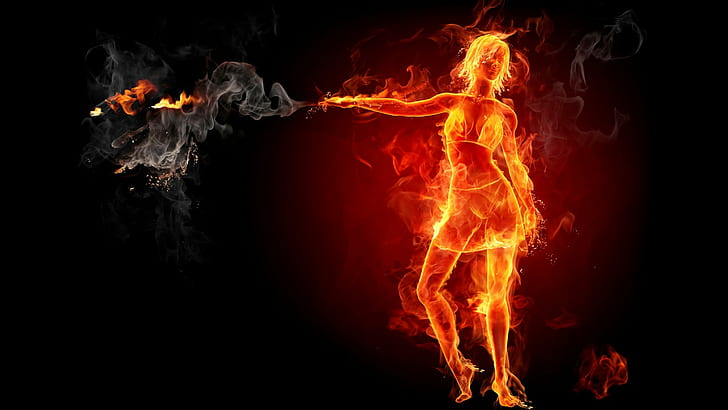Flames girl, woman on fire artwork, hot, HD wallpaper