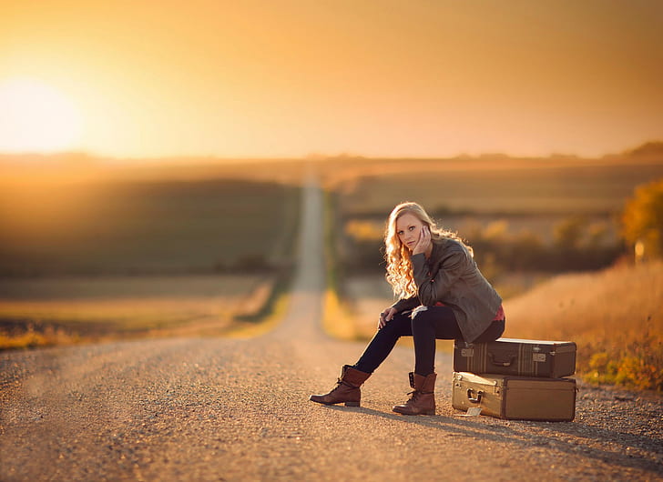 suitcase, women outdoors, blonde, road, sunlight, sitting, Jake Olson, HD wallpaper