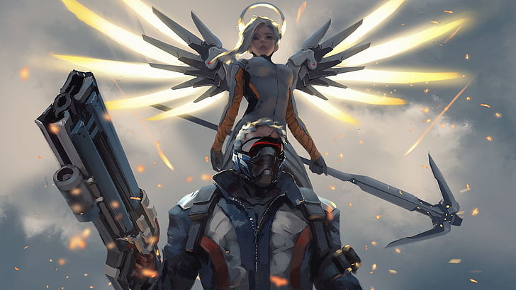 two man and woman anime digital wallpaper, video games, Overwatch