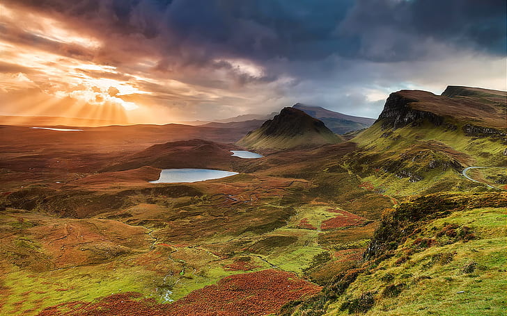 Scotland, Isle of Skye, hills, mountains, lake, sunset, clouds