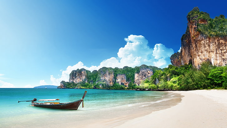 summer, blue sky, boat, vacation, railay beach, coast, sea, HD wallpaper