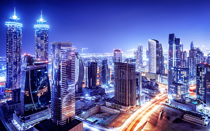 United Arab Emirates Dubai Downtown Night The Scenario Beautiful Modern Buildings, Night Lights Blue Night, HD wallpaper
