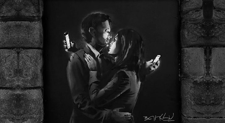 Mobile Phone Lovers, woman and man hugging painting, Artistic