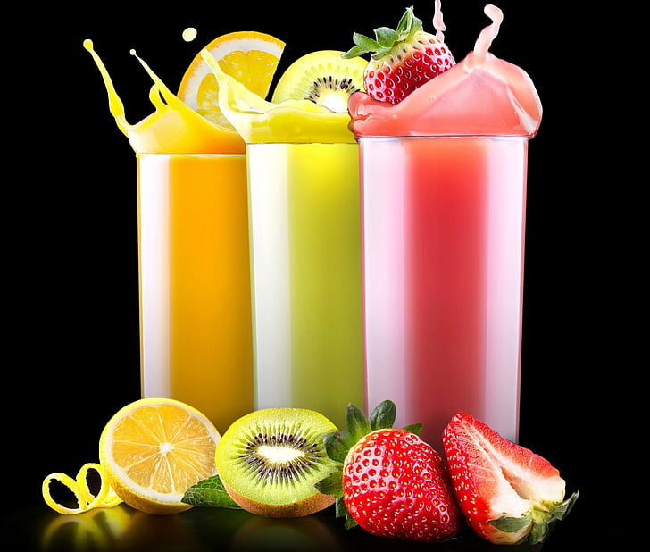Food, Juice, Drink, Fruit, Glass, Kiwi, Orange, Strawberry, HD wallpaper