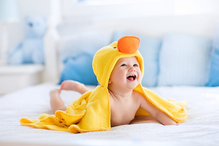 Laugh, Duck towel, 8K, Cute baby, 4K, After bath, Yellow