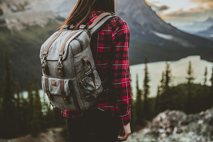 gray and brown backpack, girl, tourist, mountain, hiking, nature, HD wallpaper