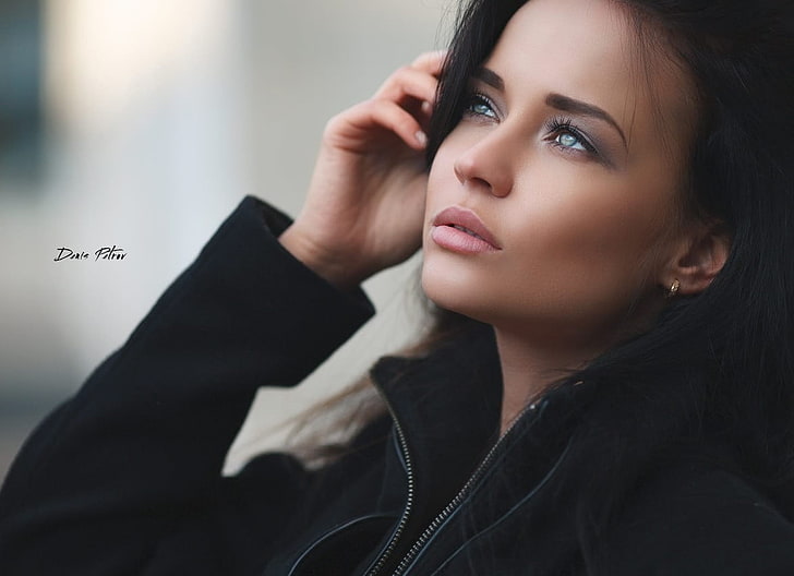 women's black zip-up jacket, Angelina Petrova, model, face, portrait, HD wallpaper