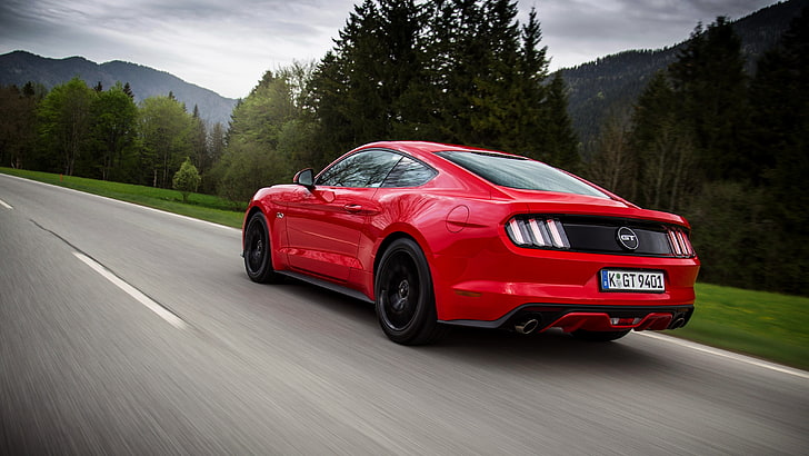 red cuope, Mustang, Ford, 2015, EU-spec, car, transportation, HD wallpaper