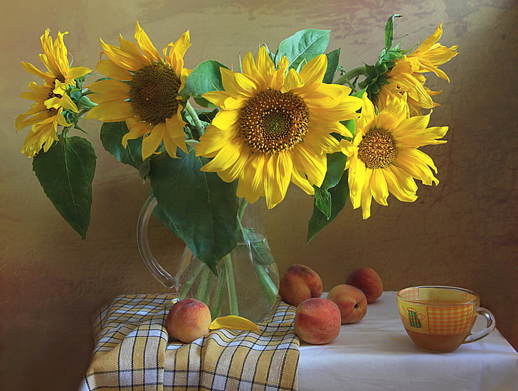 yellow sunflower centerpiece, flowers, Cup, pitcher, still life