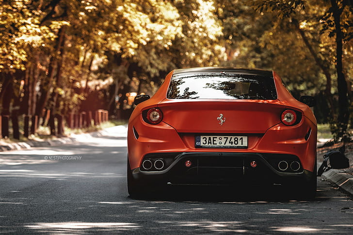 Red Ferrari FF, orange ferrari 458 italia, bokeh, car, belgrade, HD wallpaper