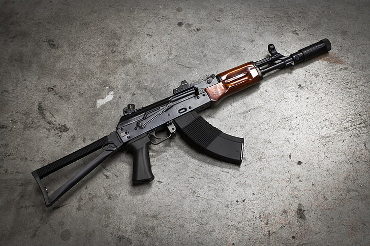black and brown assault rifle, background, machine, Kalashnikov, HD wallpaper