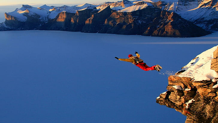 Base Jumping, Sports, Flying, Extreme Sport, Mountains, Cliffs, Snow, Photography, men's brown long sleeves top and red pants