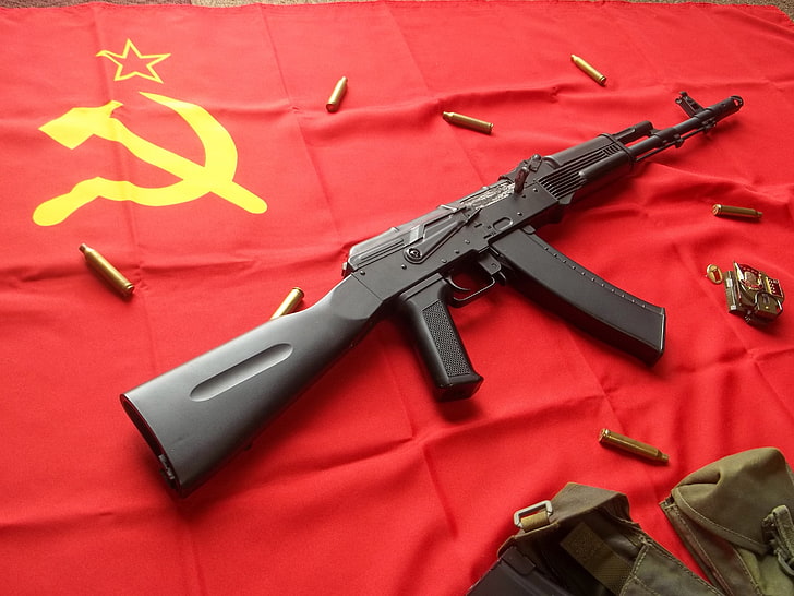 black ak-47 rifle, flag, USSR, Kalashnikov, the hammer and sickle, HD wallpaper
