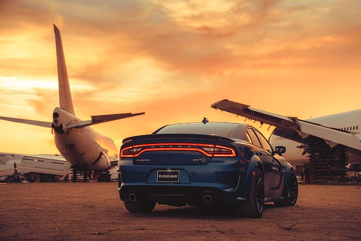 Sunset, Blue, Aircraft, Desert, Car, Muscle, Dodge charger srt hellcat widebody