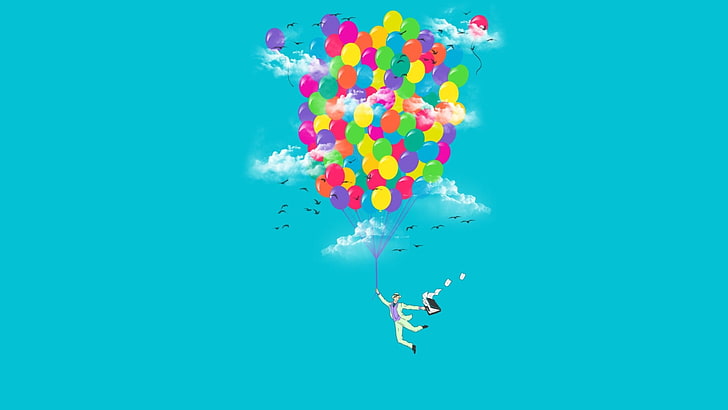 balloons illustration, multi colored, studio shot, blue, colored background
