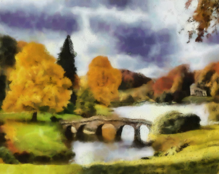 Art, bridge surrounded with trees painting, Artistic, Drawings