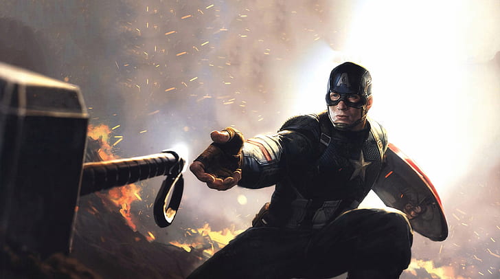 fire, hammer, hero, male, Captain America, Avengers, Chris Evans, HD wallpaper