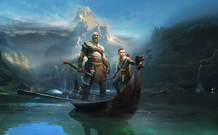 God of War PS4, God of War Kratos and Atreus digital wallpaper