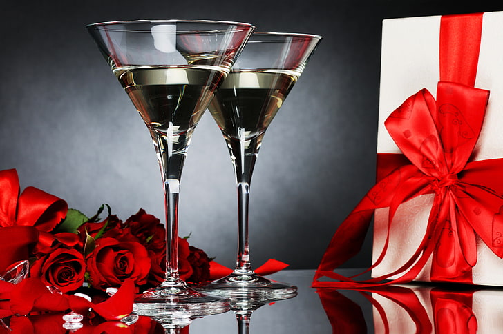 two clear cocktail glasses, photo, Flowers, Wine, Roses, Food, HD wallpaper
