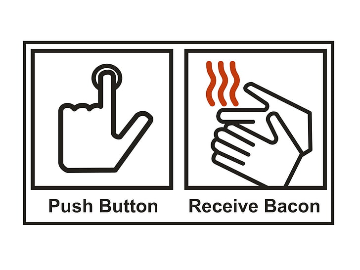 Push button sign, quote, minimalism, white background, bacon