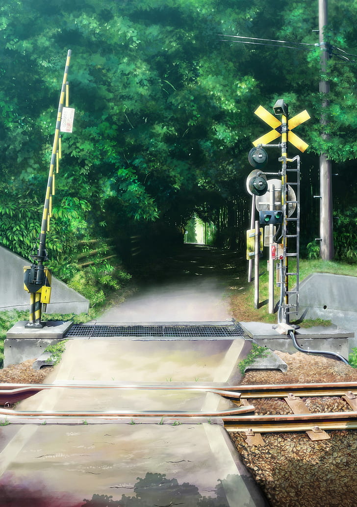 black and yellow train rail, anime, plant, tree, nature, water