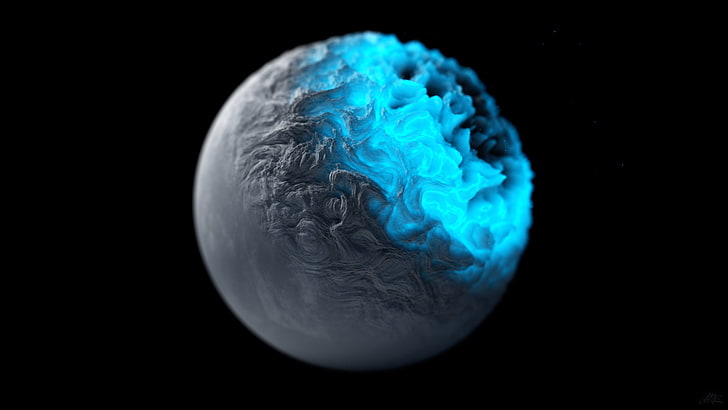 grey and blue planet, CGI, digital art, black background, studio shot