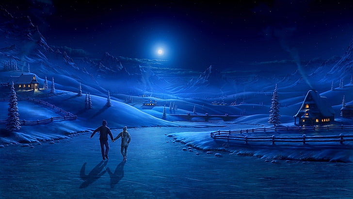 mountains, Moon, moonlight, people, snow, couple, frozen river