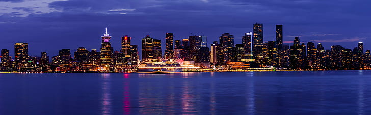 lighted building near blue body of water photo, Port City, Vancouver, HD wallpaper