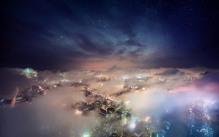 white clouds, aerial photography of city with fogs, landscape