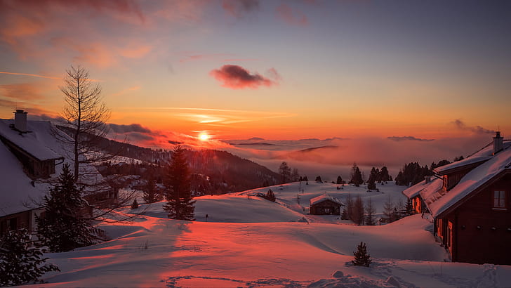village, winter, snow, mountain village, sunrise, dawn, morning