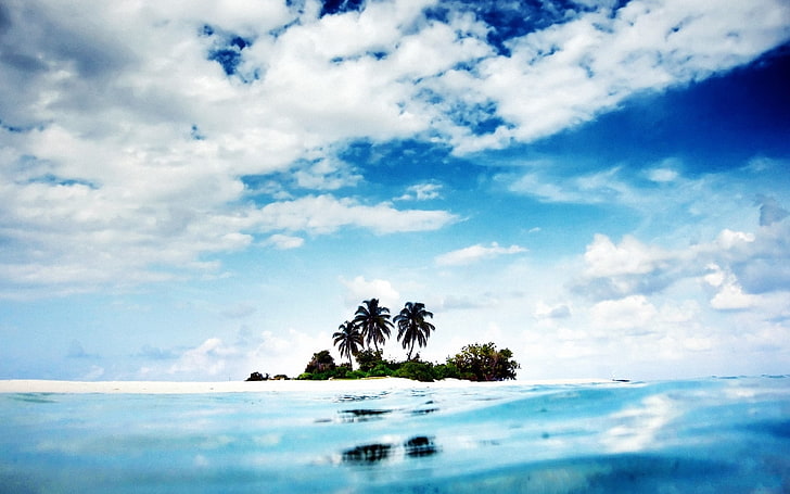 blue sky with white clouds, land, island, sea, clearly, blue water, HD wallpaper