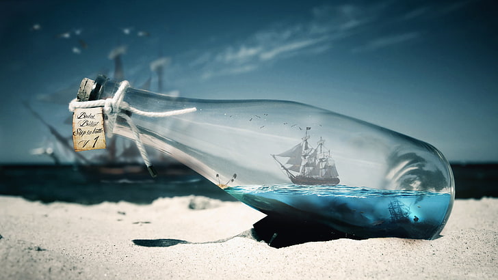ship impossible bottle, sea, shark, pirates, Bálint Budai, digital art, HD wallpaper