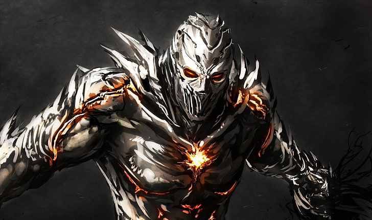 warrior character illustration, monster, iron, crack, fire, aggression, HD wallpaper