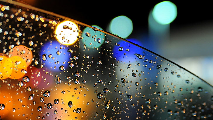 water, droplet, close up, bokeh, lights, glass, rain, raindrops