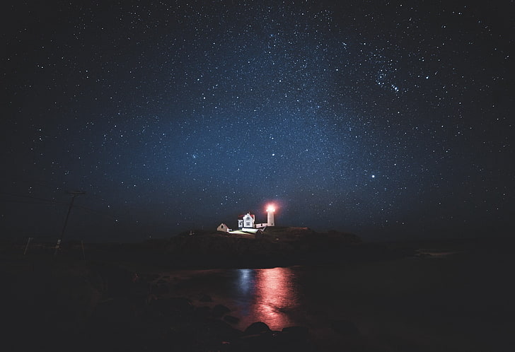 night, dark, lights, stars, lighthouse, stones, reflection, HD wallpaper