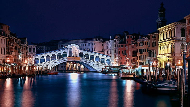 night, grand canal, venice, europe, italy, bridge, HD wallpaper